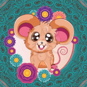 Cartoon kawaii anime mouse or rat with colorful flowers design.