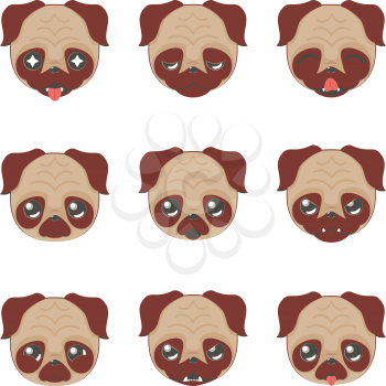Cartoon kawaii pug face in different expressions illustration.