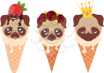 Cartoon kawaii pug face in the ice cream cone illustration.