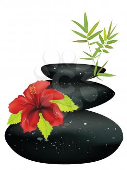 Zen stones heap with bamboo leaves and flower on white background.