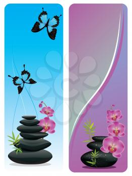 Black pebbles pile, zen stones heap with flower and bamboo banners on white background.