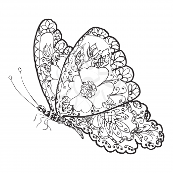 Decorative ornamental floral butterfly line art illustration.
