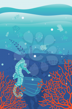 Waste pollution at pandemic, underwater scene with seahorse, face masks, sanitizer and gloves.