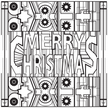 Decorative geometric ornament with gears and words Merry Christmas, art deco style design.