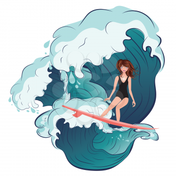 Big rushing sea waves and girl surfer illustration.