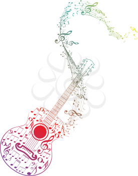 Stylized silhouette of an abstract guitar with music notes.