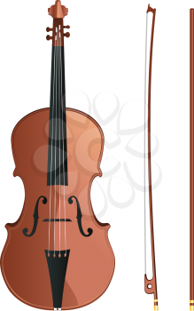 Classic violin with fiddle stick on white background.
