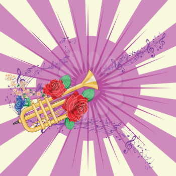 Yellow trumpet with red roses and music notes illustration.