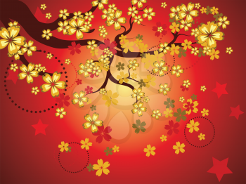 Red background with decorative cherry blossom, sakura branch.