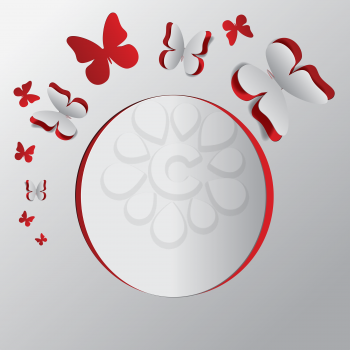White paper with red background and cut out butterflies illustration.