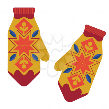 Decorative warm winter mittens with colorful ornament.
