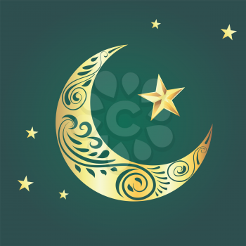 Decorative ornamental crescent moon and star design.