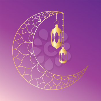 Decorative crescent moon and arabic lantern design.
