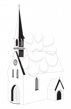 Ancient catholic church building black and white illustration.