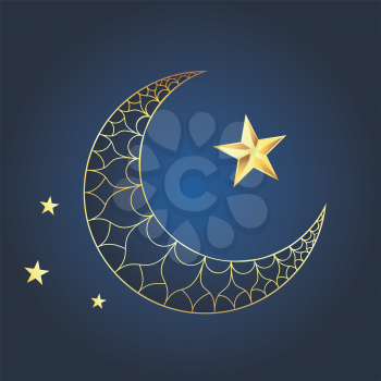 Decorative ornamental crescent moon and star design.