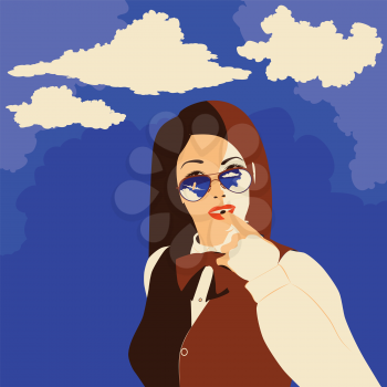 Portrait of a girl in sunglasses with reflective airplane and blue sky.