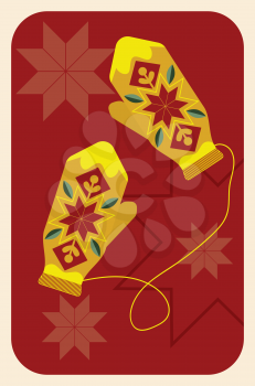 Decorative warm winter mittens with colorful ornament retro card design.