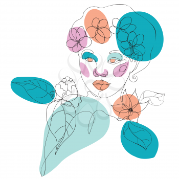 Decorative colorful abstract floral shapes and line art woman portrait, modern retro style.