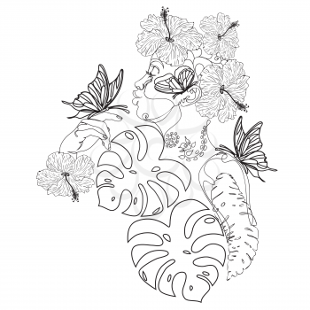 Abstract line art female portrait in profile with tropical leaves illustration.