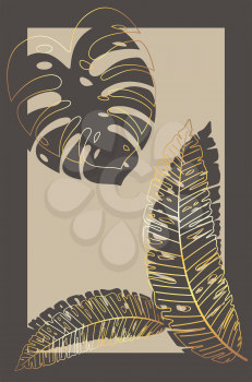 Abstract design with golden tropical leaves illustration.
