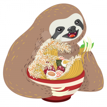 Cute cartoon sloth with a bowl of ramen illustration.