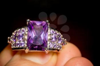 Fashion silver ring with big purple amethyst.