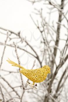 Decorative element artificial glittering golden bird, ornamental Christmas toy