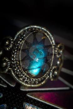 Fashion silver ring with natural labradorite stone.