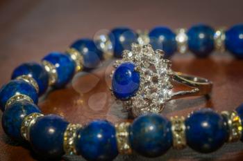 Boho beaded bracelet made of dark blue natural stone, Lapis lazuli macro.