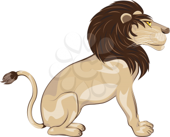 Cute cartoon lion in a sitting pose illustration on white background.