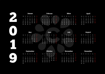 2019 year simple white calendar on german language on black backdround