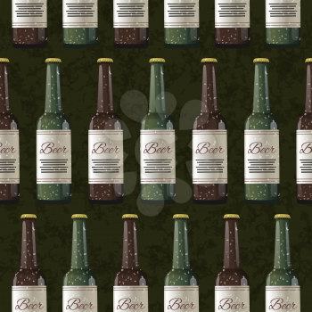 A lot of bottles of light and dark beer on dark green background, seamless pattern