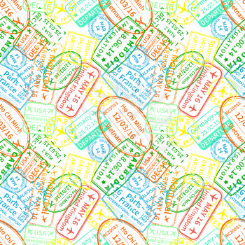 A lot of bright colorful immigration stamps on white background, seamless pattern