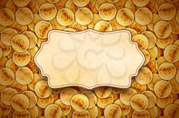 A lot of bright glossy ancient golden coins with retro frame, horizontal vintage background