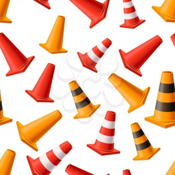 A lot of bright yellow and red road cones, seamless pattern on white