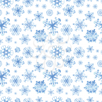 Different modern snowflakes on white, winter background seamless pattern