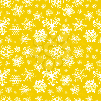 Different modern snowflakes on yellow winter background seamless pattern