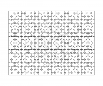 300 white puzzles pieces arranged in a rectangle shape. Jigsaw Puzzle template ready for print. Cutting guidelines isolated on white