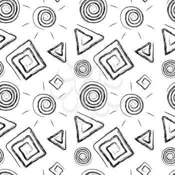 Abstract hand drawn shapes on white, seamless pattern