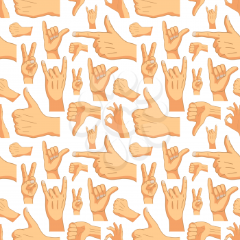 A lot of common cartoon hand signs on white, seamless pattern