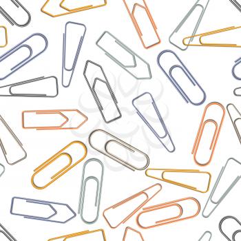 A lot of different metal paper clips on white background, seamless pattern