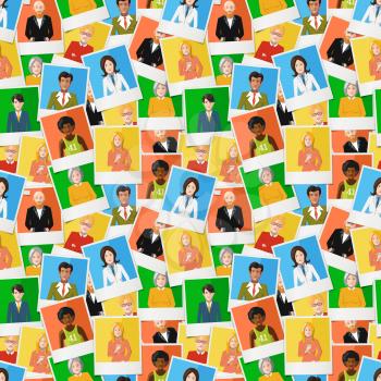 A lot of different polaroid instant photos with flat portraits of people on colourful backgrounds, seamless pattern