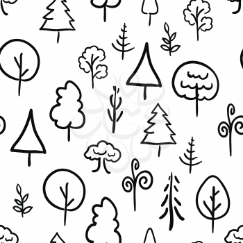 A lot of hand-drawn trees on white, retro seamless pattern