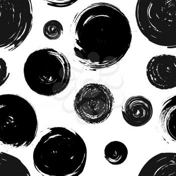 A lot of of black grunge hand-drawn round spots on white, seamless pattern