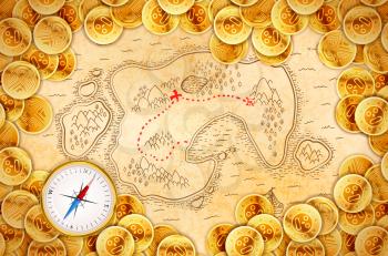 A lot of pirate golden coins on old ancient textured map with red path to treasure