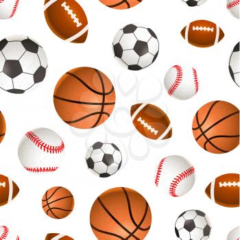 A lot of sport balls for soccer, basketball, baseball and rugby on white, seamless pattern