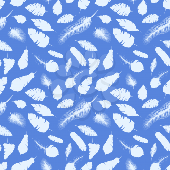 A lot of white different elegant feather silhouettes on blue seamless pattern