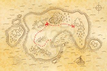 Ancient pirate map on old textured paper with red path to treasure