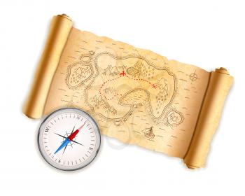 Ancient pirate map with paper texture with glossy compass isolated on white