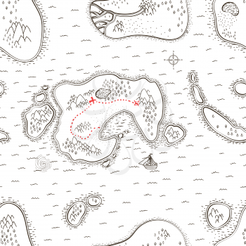 Ancient pirate map with red path to treasure, seamless pattern on white